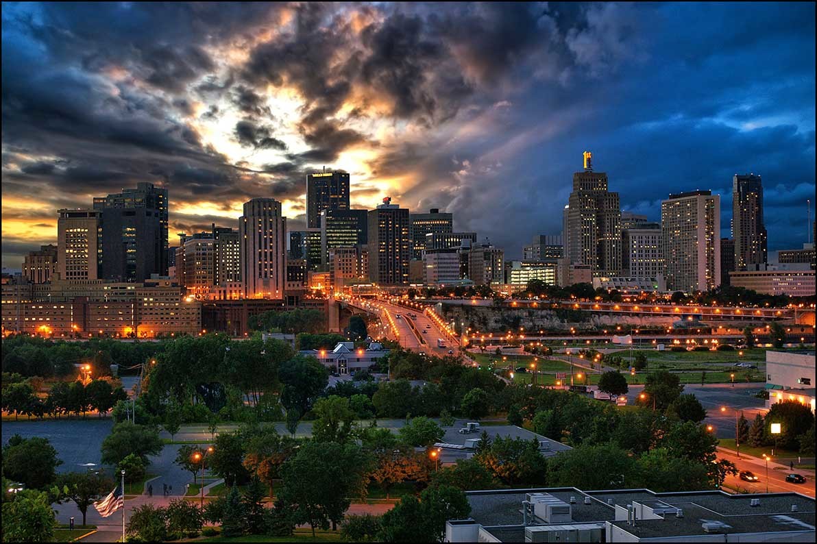 Search Saint Paul homes for sale, beautiful sunset skyline view of the state capital.